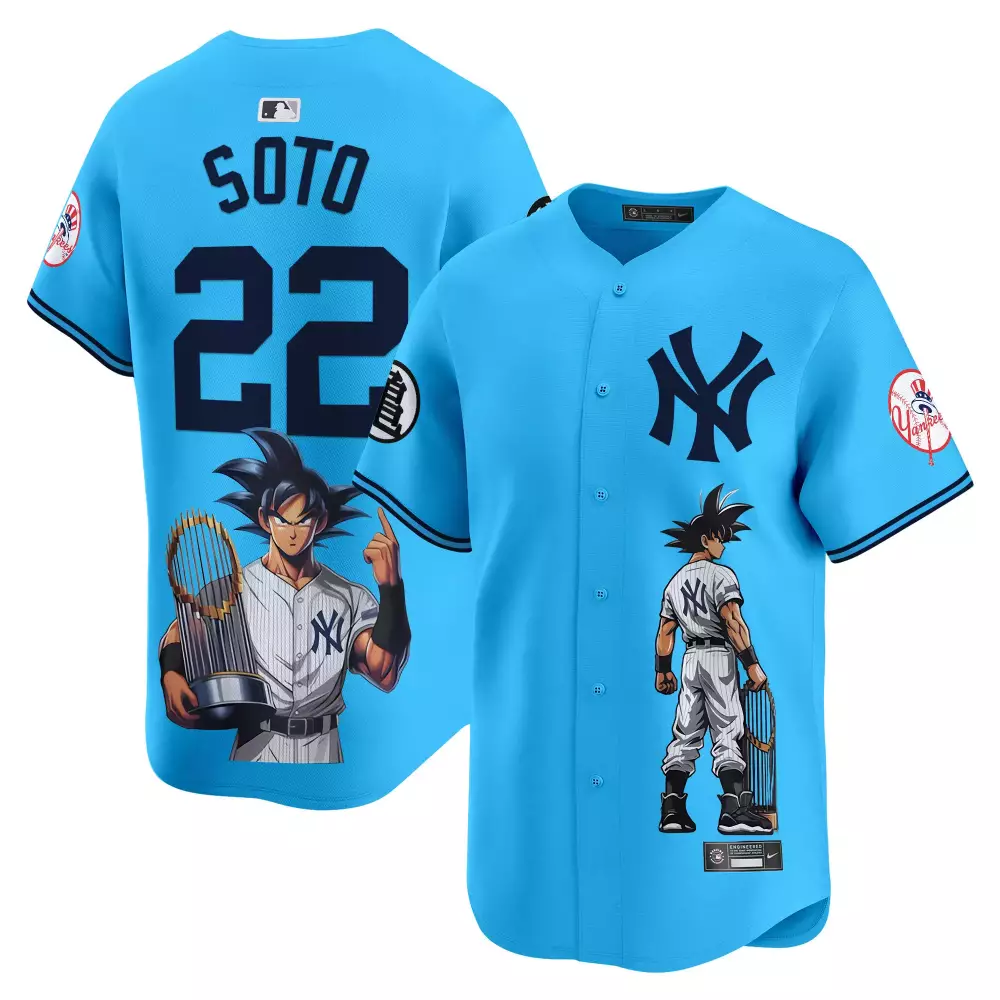 juan soto light blue mens new york yankees dragon ball son goku vapor premier limited jersey printed
