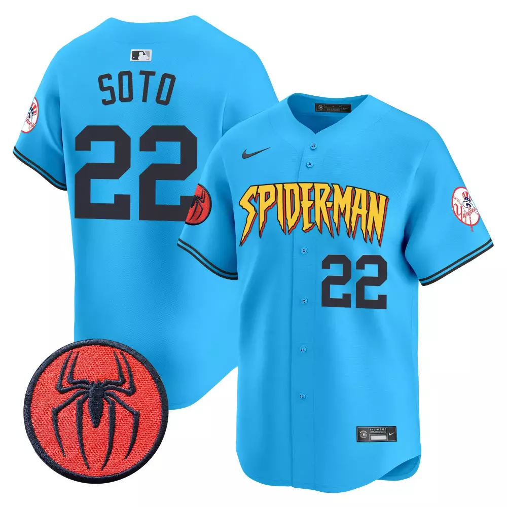 juan soto light blue mens new york yankees spiderman vapor premier limited jersey all stitched