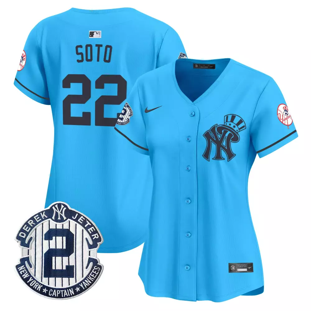 juan soto light blue womens new york yankees derek jeter patch vapor premier limited jersey v2 all stitched