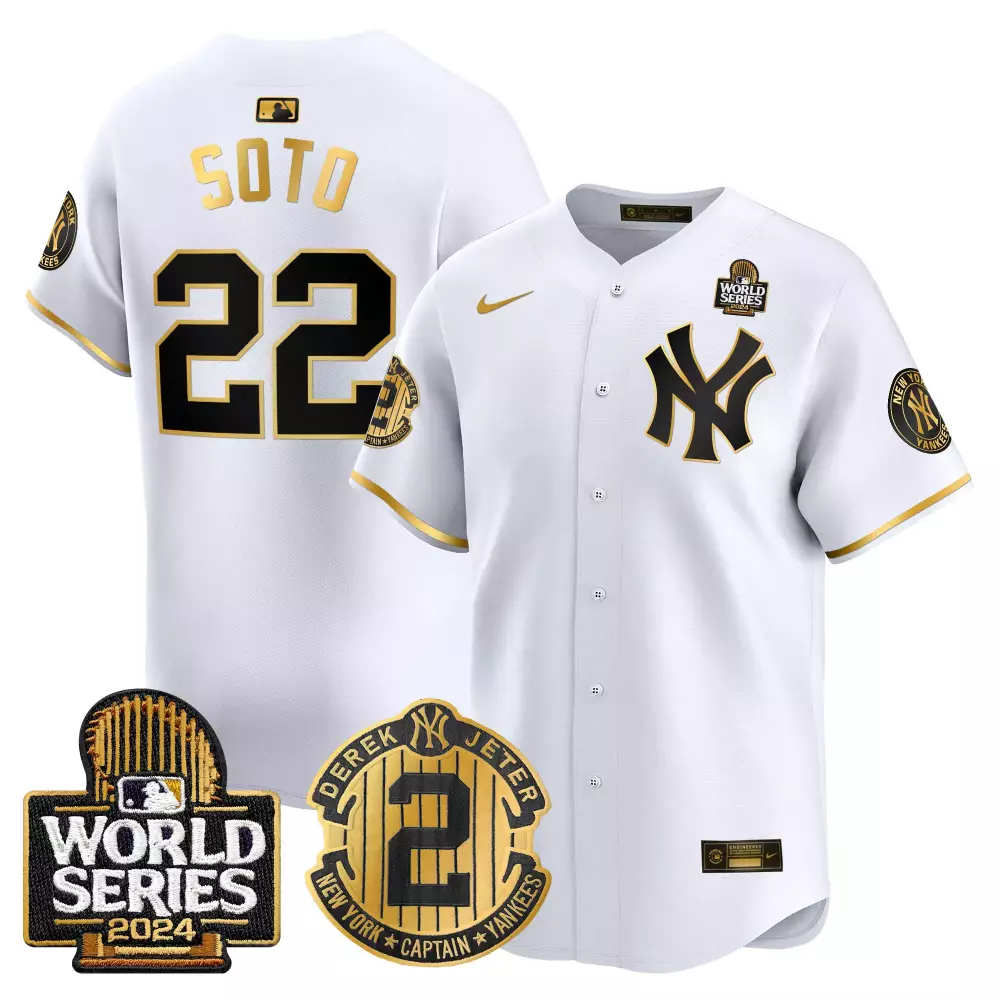 juan soto white gold mens new york yankees derek jeter patch 2024 world series vapor premier limited jersey all stitched
