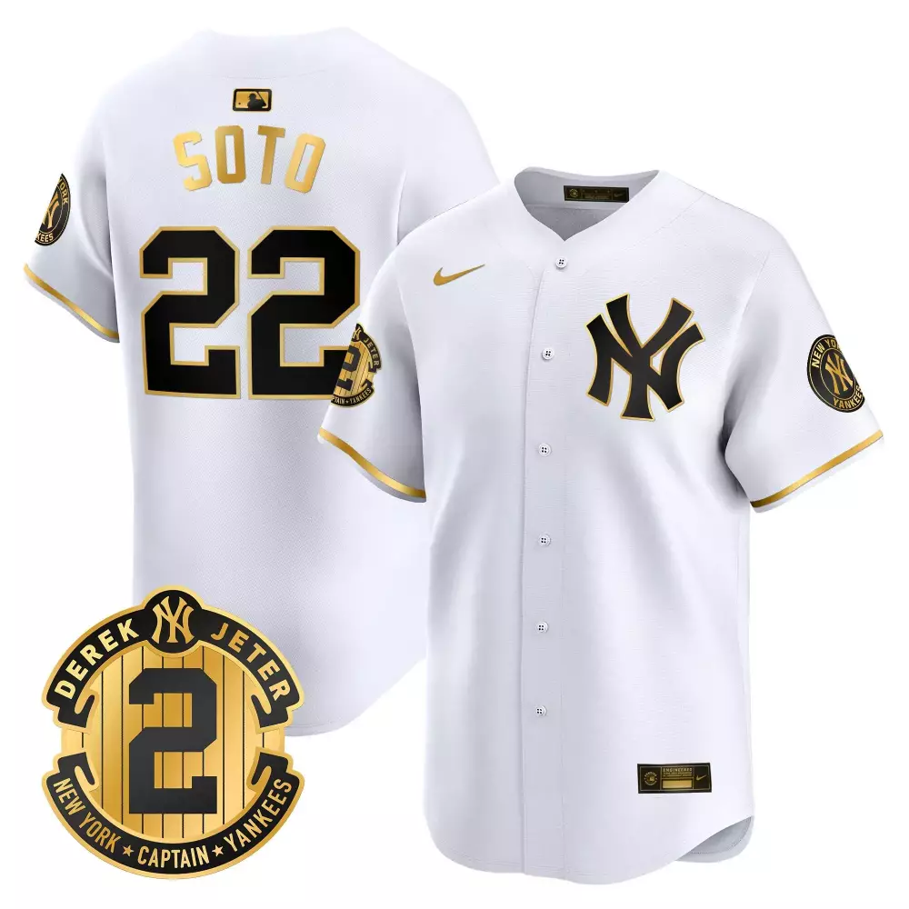 juan soto white gold mens new york yankees derek jeter patch 2024 world series vapor premier limited jersey all stitched