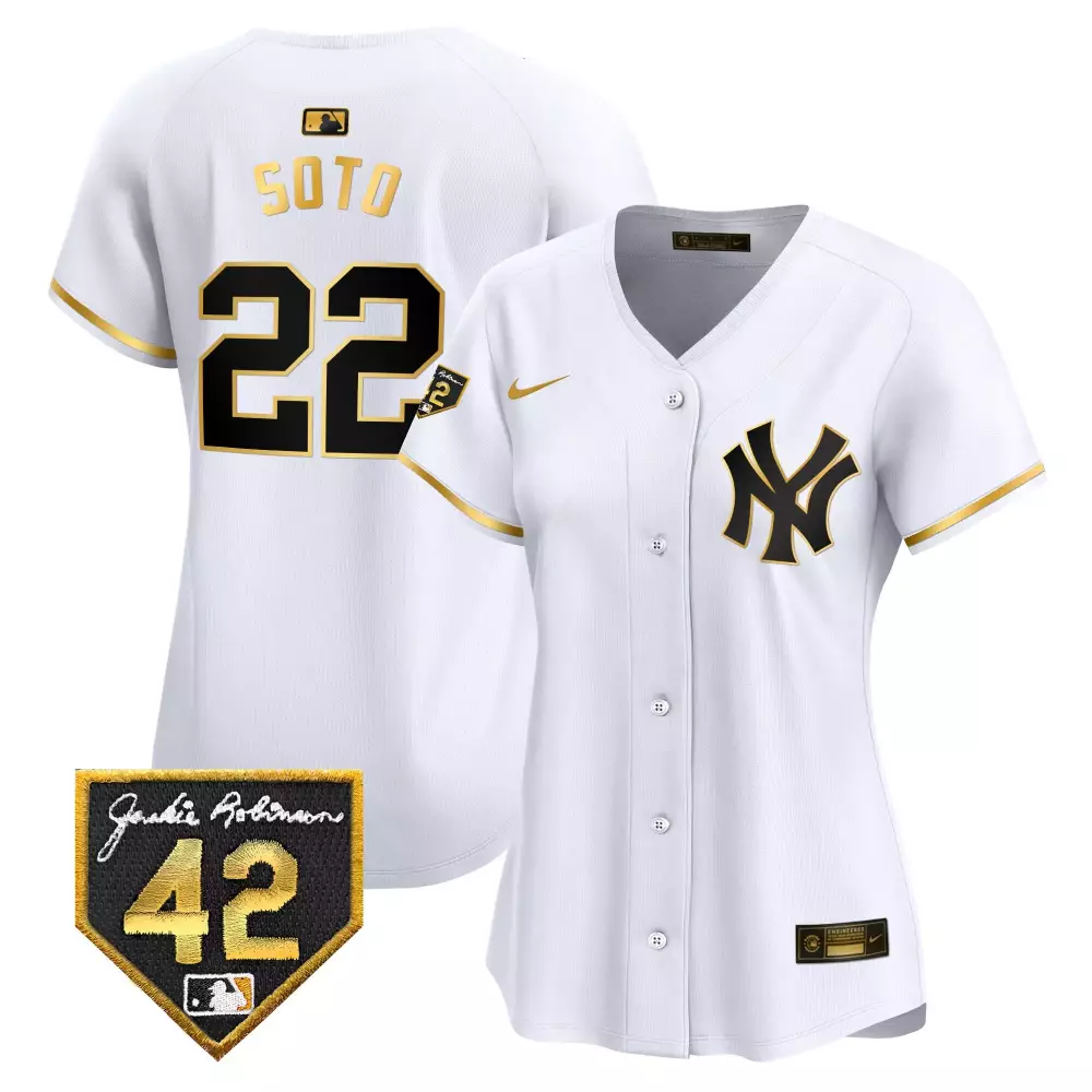 juan soto white gold womens new york yankees 2024 jackie robinson patch vapor premier limited jersey all stitched