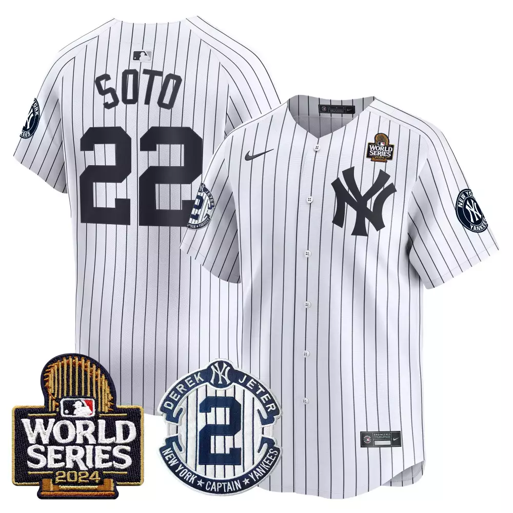 juan soto white mens new york yankees derek jeter patch 2024 world series vapor premier limited jersey all stitched