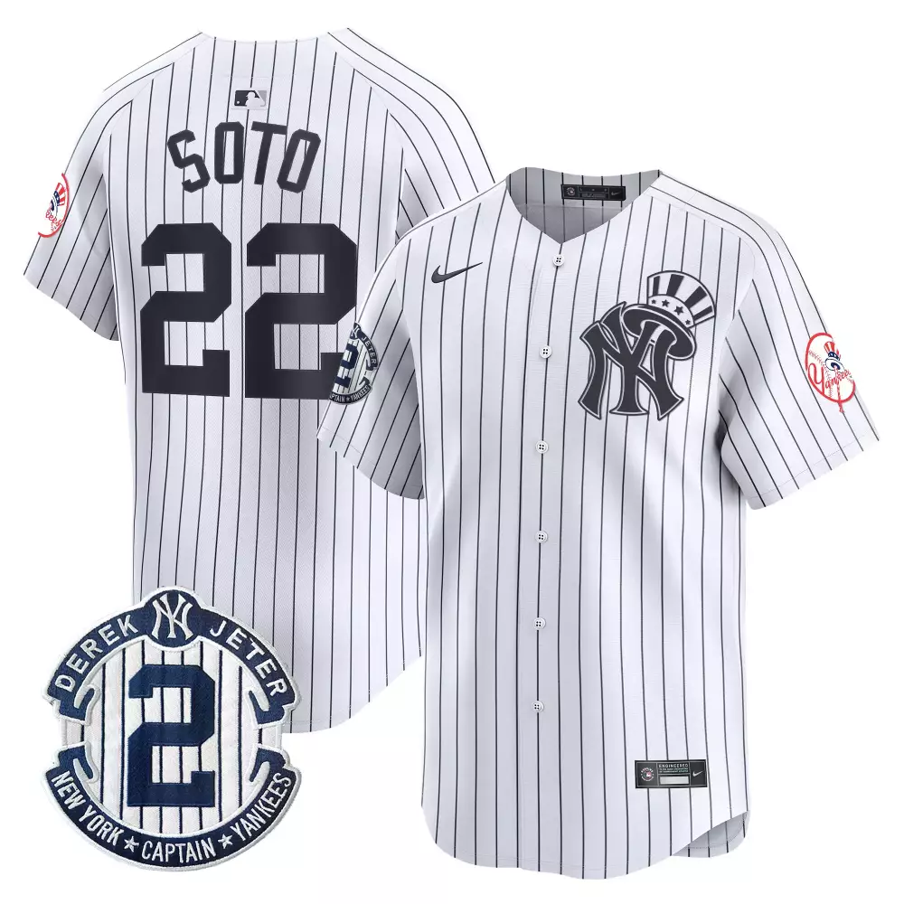 juan soto white mens new york yankees derek jeter patch 2024 world series vapor premier limited jersey all stitched