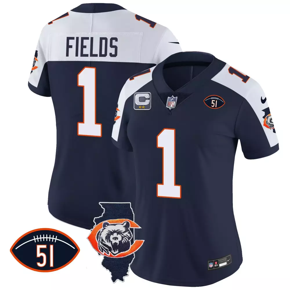 Justin Fields Chicago Bears Navy Alternate Women's Throwback Illinois Patch Vapor Jersey | All Stitched | For Men, Women & Youth