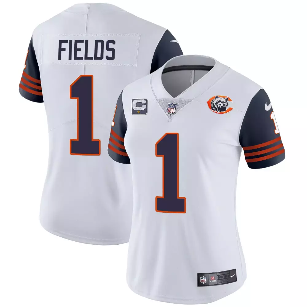 Justin Fields Chicago Bears Throwback Illinois Patch Vapor Jersey | White | Stitched Replica Fan Gear | For Men, Women & Youth