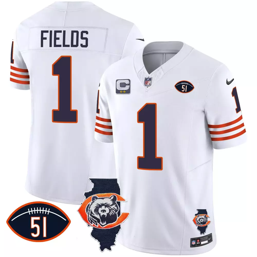 Justin Fields Chicago Bears Throwback Illinois Patch Vapor Jersey | White | Stitched Replica Fan Gear | For Men, Women & Youth