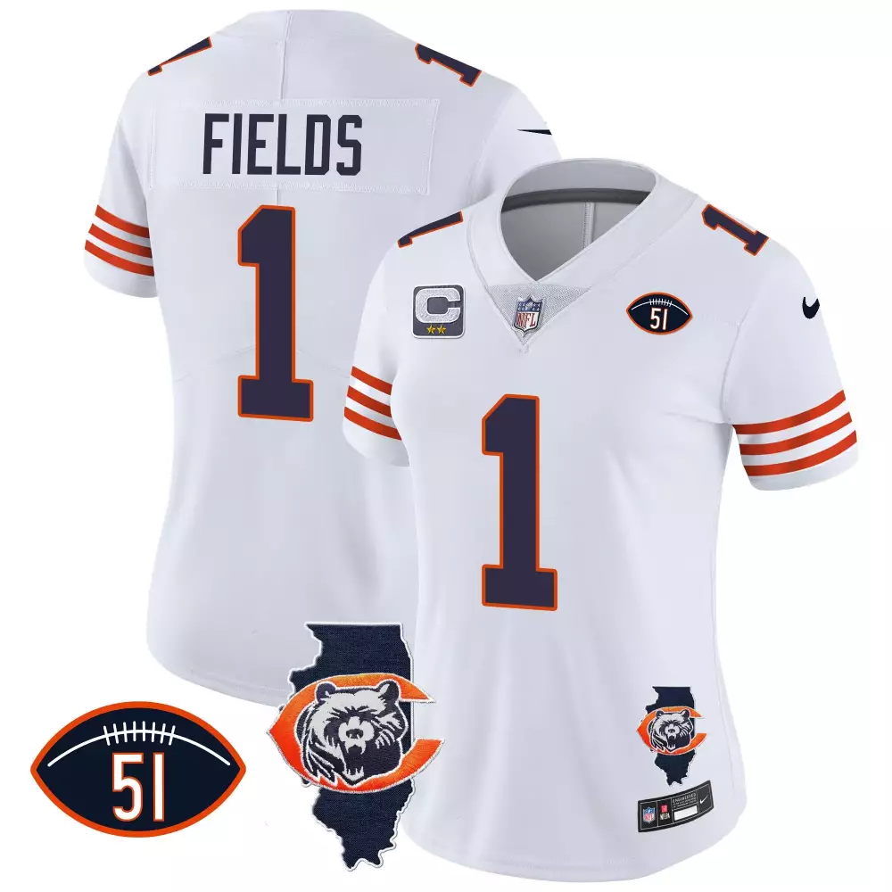 Justin Fields Chicago Bears Throwback Illinois Patch Vapor Jersey | White | Stitched Replica Fan Gear | For Men, Women & Youth