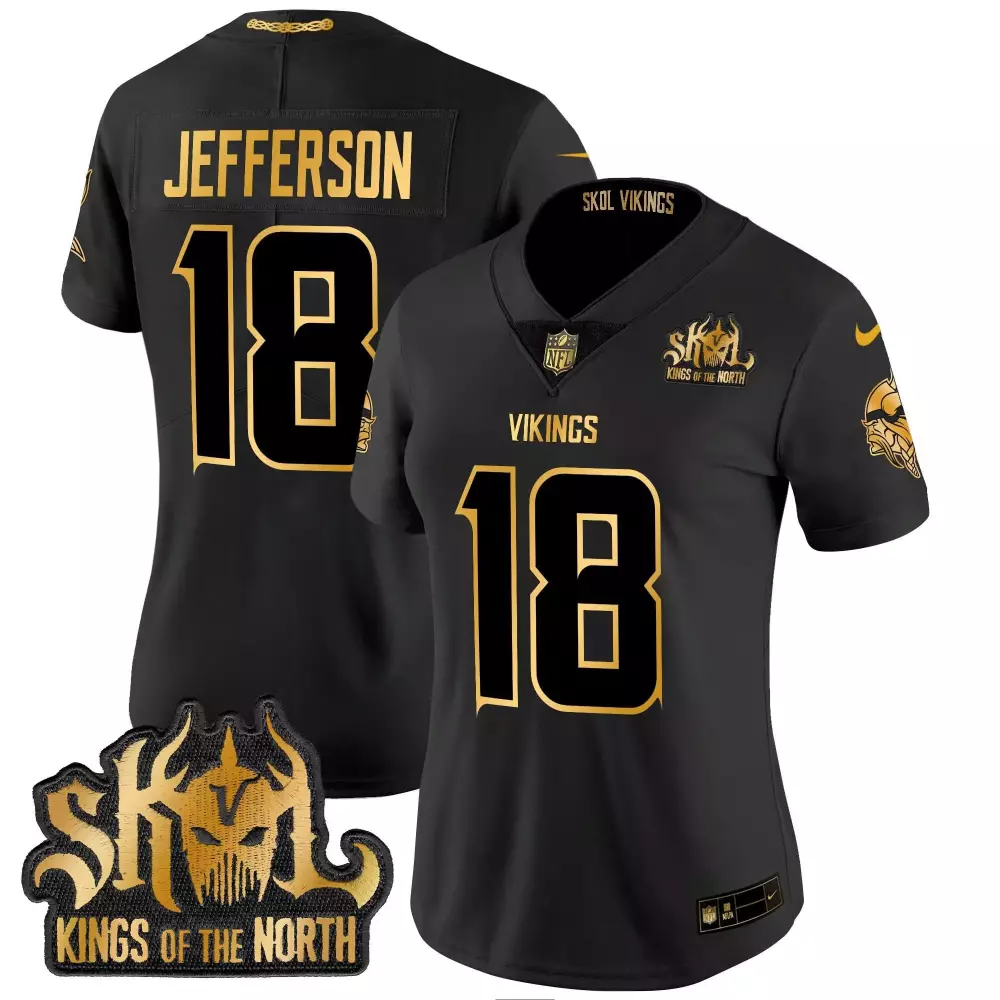 justin jefferson black gold womens vikings 2024 winter warrior skol patch gold vapor limited jersey all stitched
