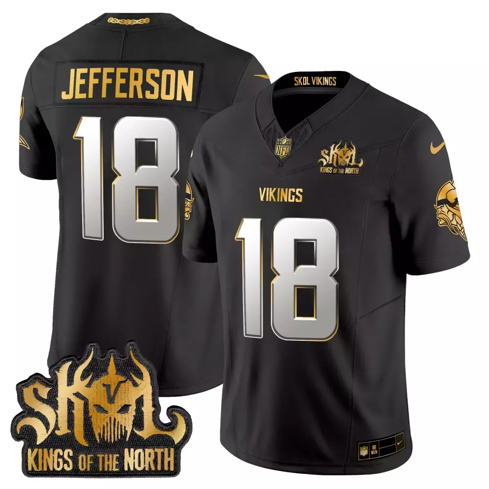 justin jefferson black gold womens vikings 2024 winter warrior skol patch gold vapor limited jersey all stitched