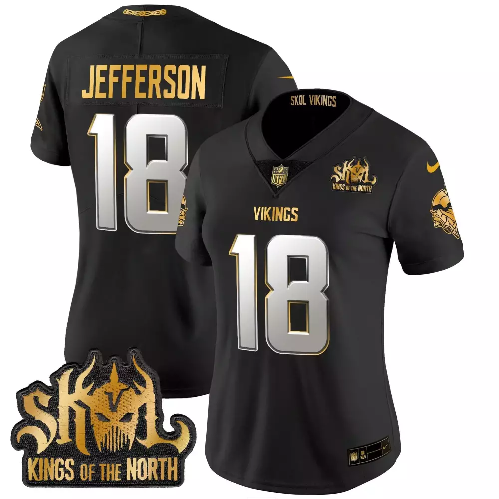 justin jefferson black gold womens vikings 2024 winter warrior skol patch gold vapor limited jersey all stitched