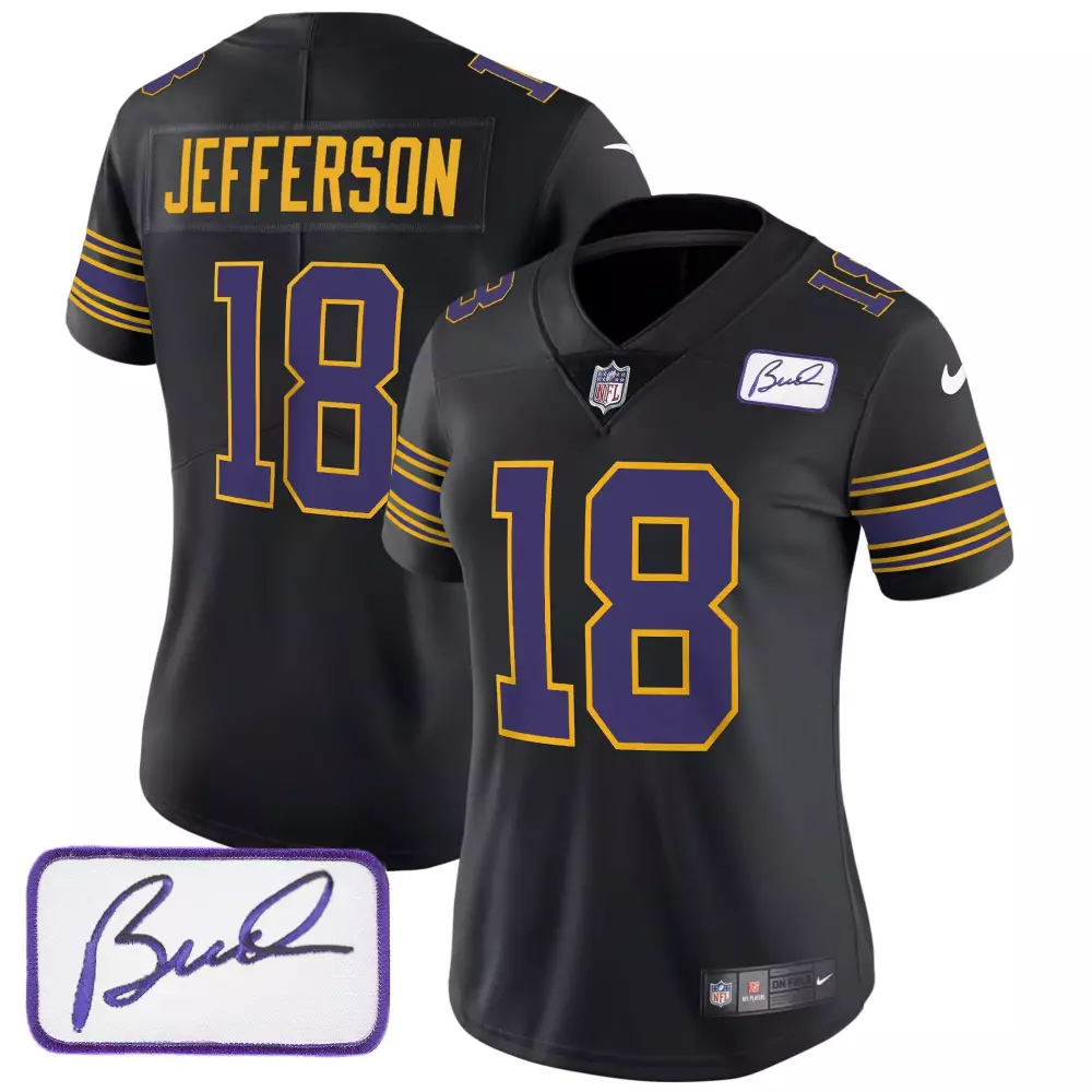 Justin Jefferson Black Women's Vikings Bud Grant Patch Limited Jersey | Classic Stitched Design | For Men, Women & Youth