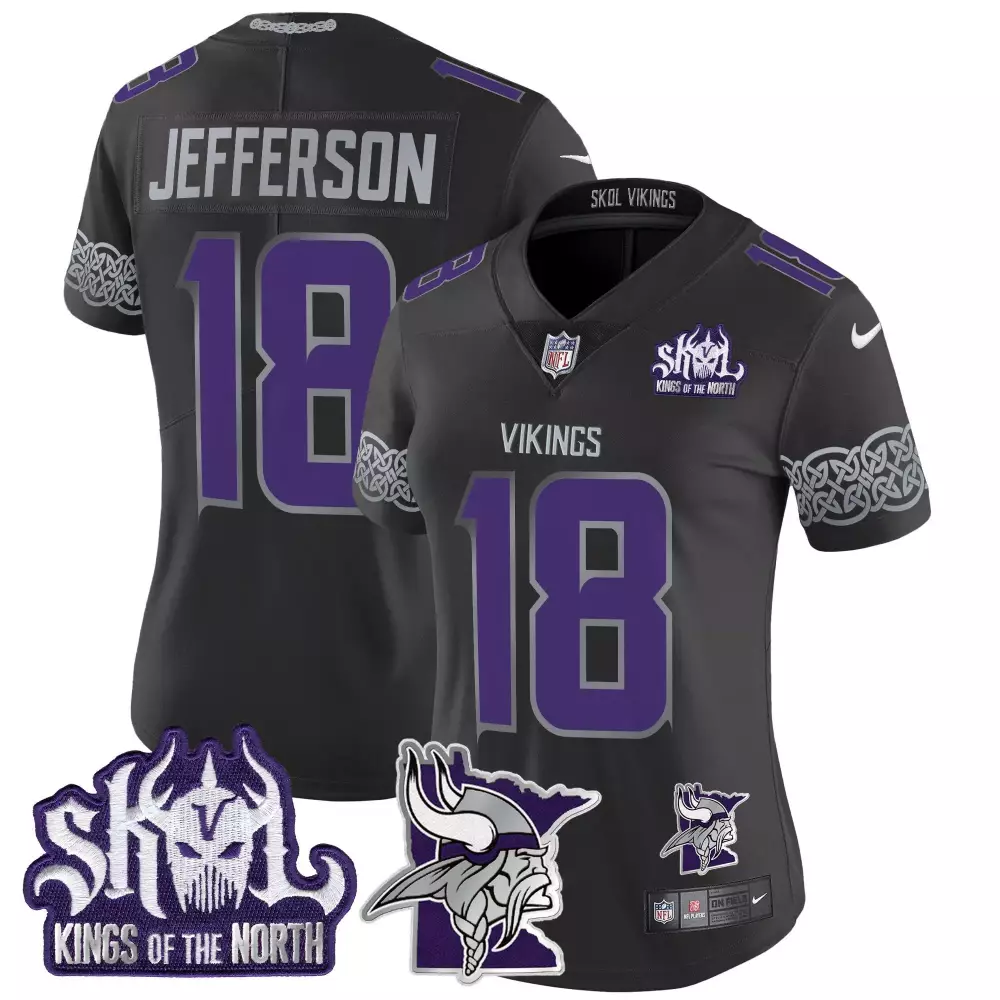 justin jefferson black gold womens vikings 2024 winter warrior skol patch gold vapor limited jersey all stitched