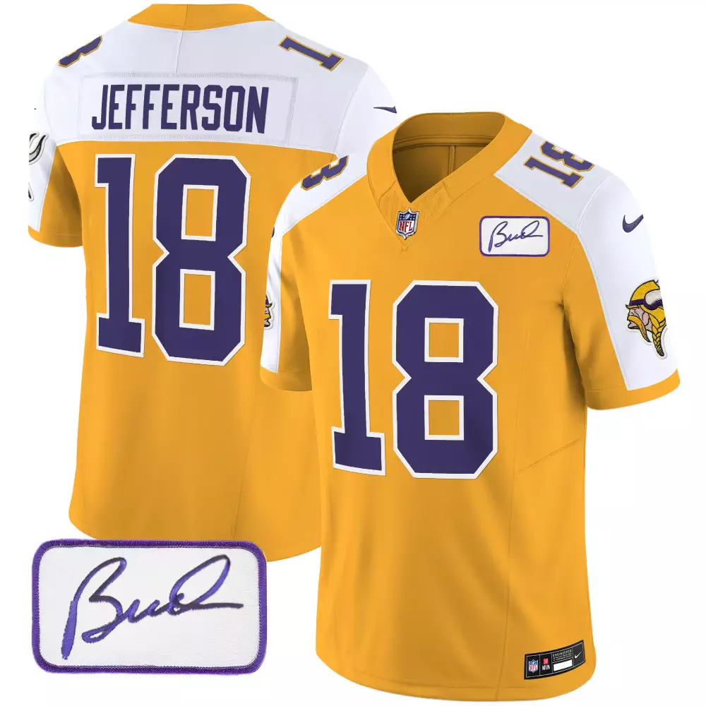 Justin Jefferson Gold Alternate Men's Vikings Bud Grant Patch Classic Limited Jersey V3 | Stitched Design | For Men, Women & Youth