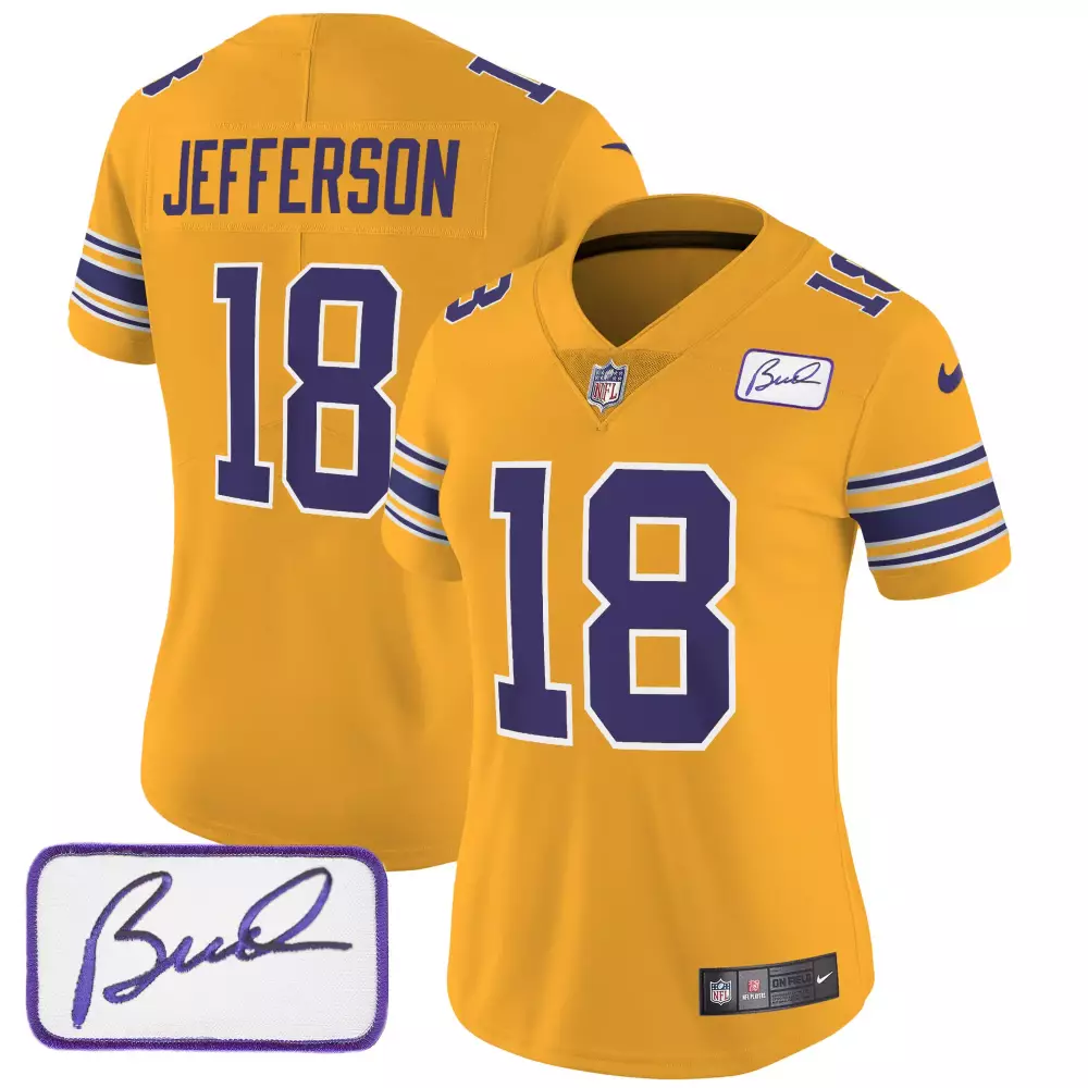 Justin Jefferson Gold Women's Vikings Bud Grant Patch Classic Limited Jersey | Stitched Design | For Men, Women & Youth