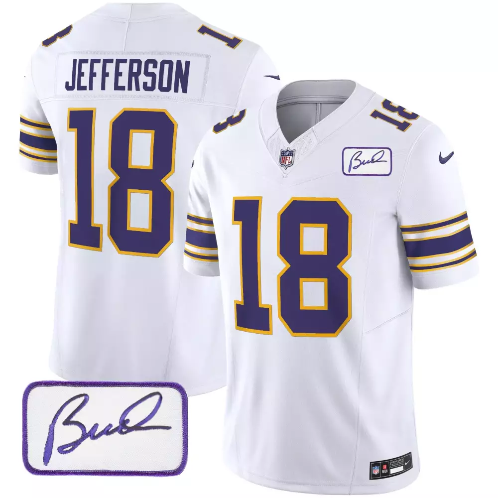 Justin Jefferson White Men's Classic Limited Jersey | Bud Grant Patch | Minnesota Vikings | All Stitched | For Men, Women & Youth