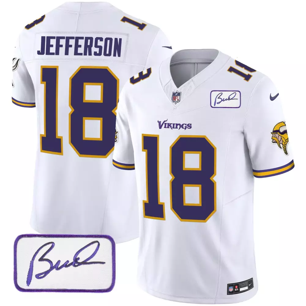 Justin Jefferson White Men's Classic Limited Jersey V6 | Bud Grant Patch | Minnesota Vikings | All Stitched | For Men, Women & Youth