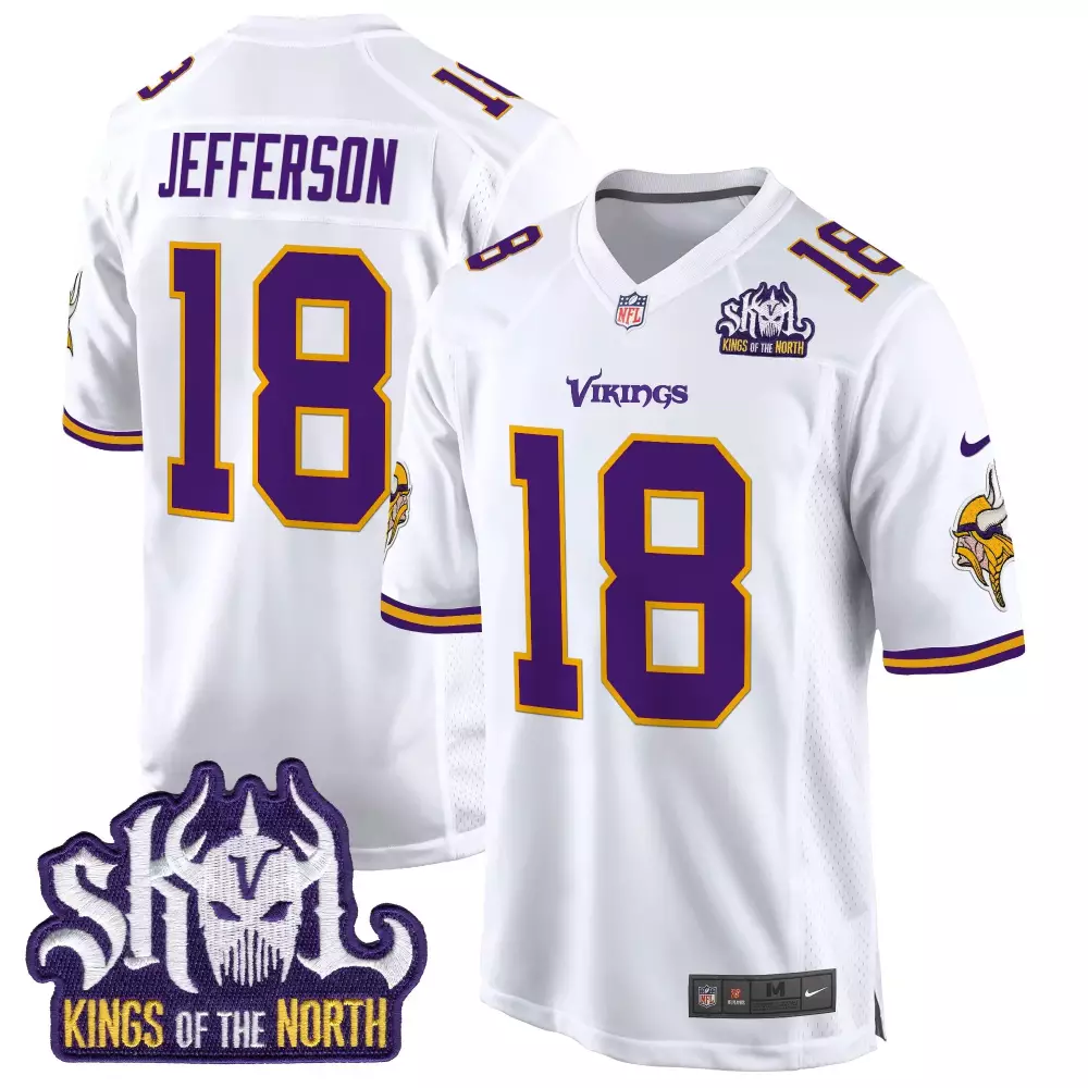 Justin Jefferson Minnesota Vikings King of the North Patch Throwback Game Jersey | White Stitched Fan Gear | For Men, Women & Youth