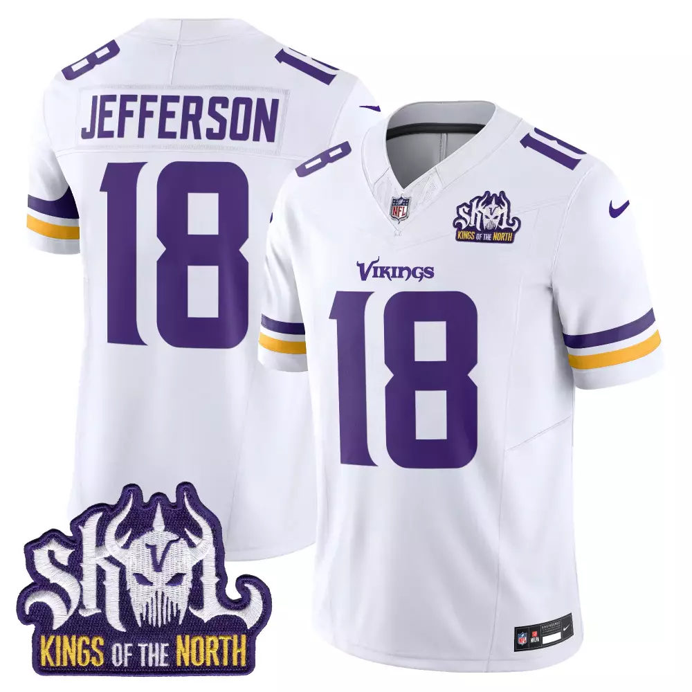 justin jefferson white mens minnesota vikings kings of the north patch vapor limited jersey all stitched