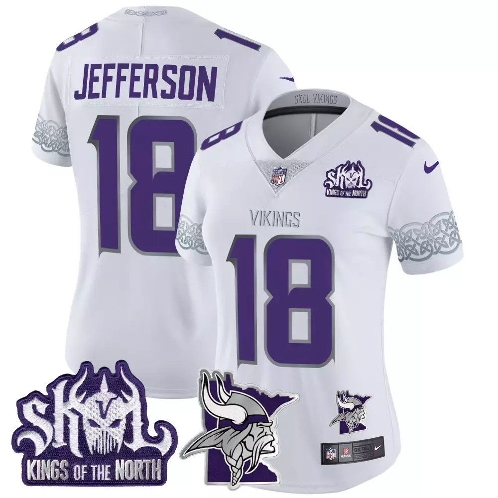 justin jefferson white womens vikings 2024 winter warrior skol patch vapor limited jersey all stitched