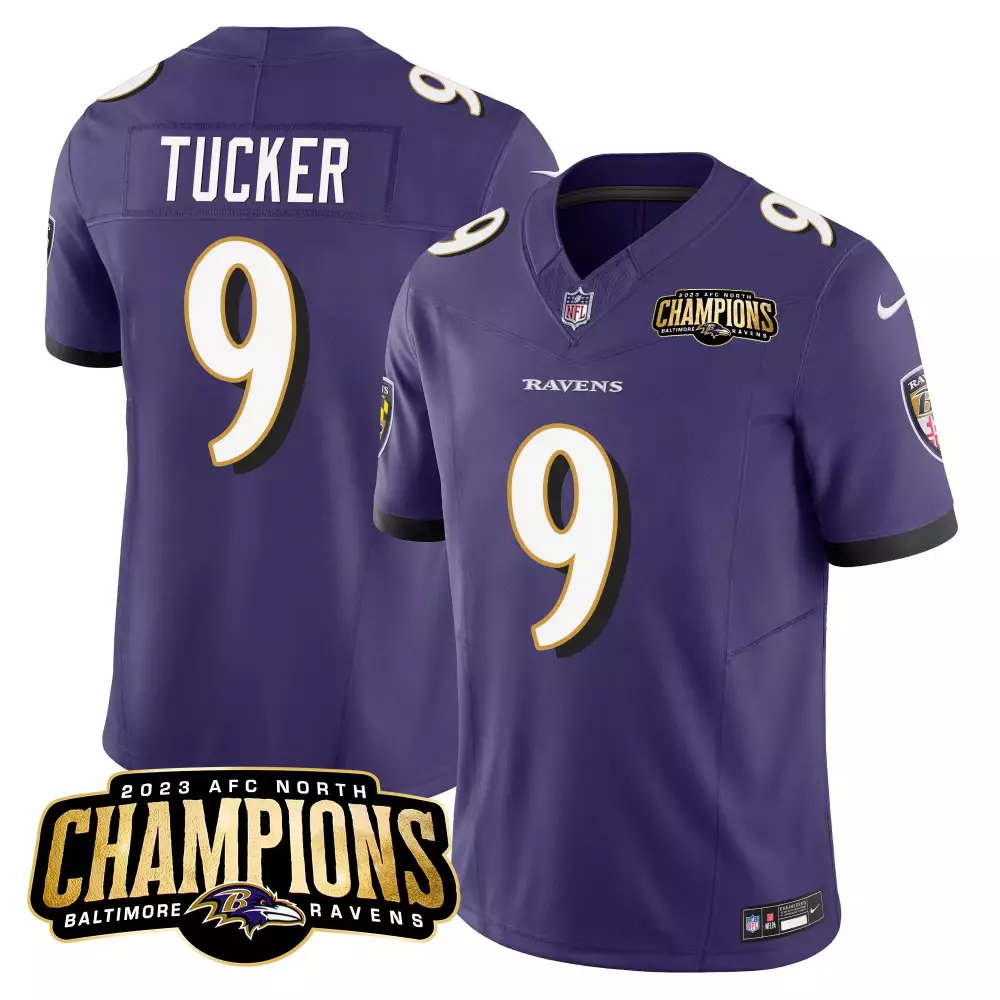 justin tucker purple mens baltimore ravens 2023 afc north champions patch vapor limited jersey all stitched