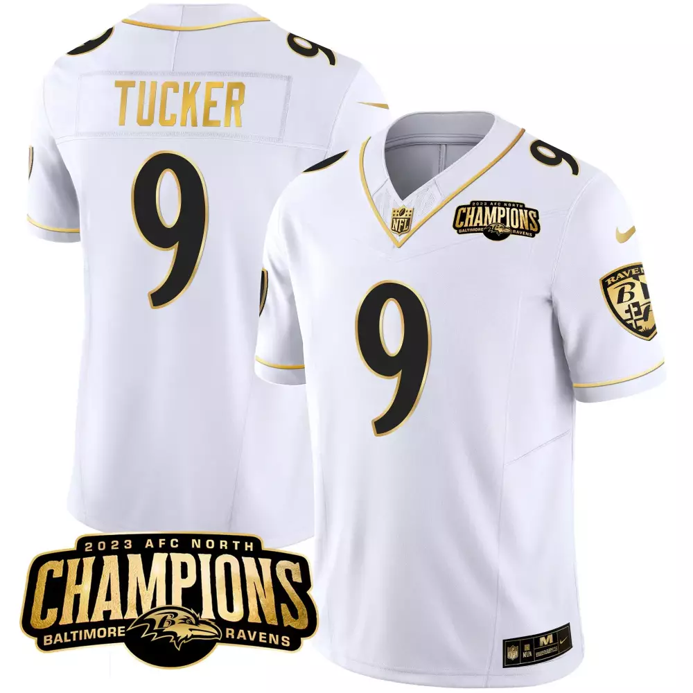 Justin Tucker Men's Baltimore Ravens White Gold Jersey | 2023 AFC North Champions Patch | Stitched Fan Gear | For Men, Women & Youth