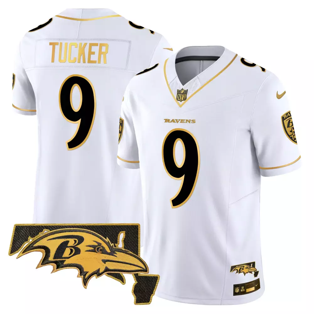 Justin Tucker Men's Baltimore Ravens White Gold Jersey | 2023 AFC North Champions Patch | Stitched Fan Gear | For Men, Women & Youth