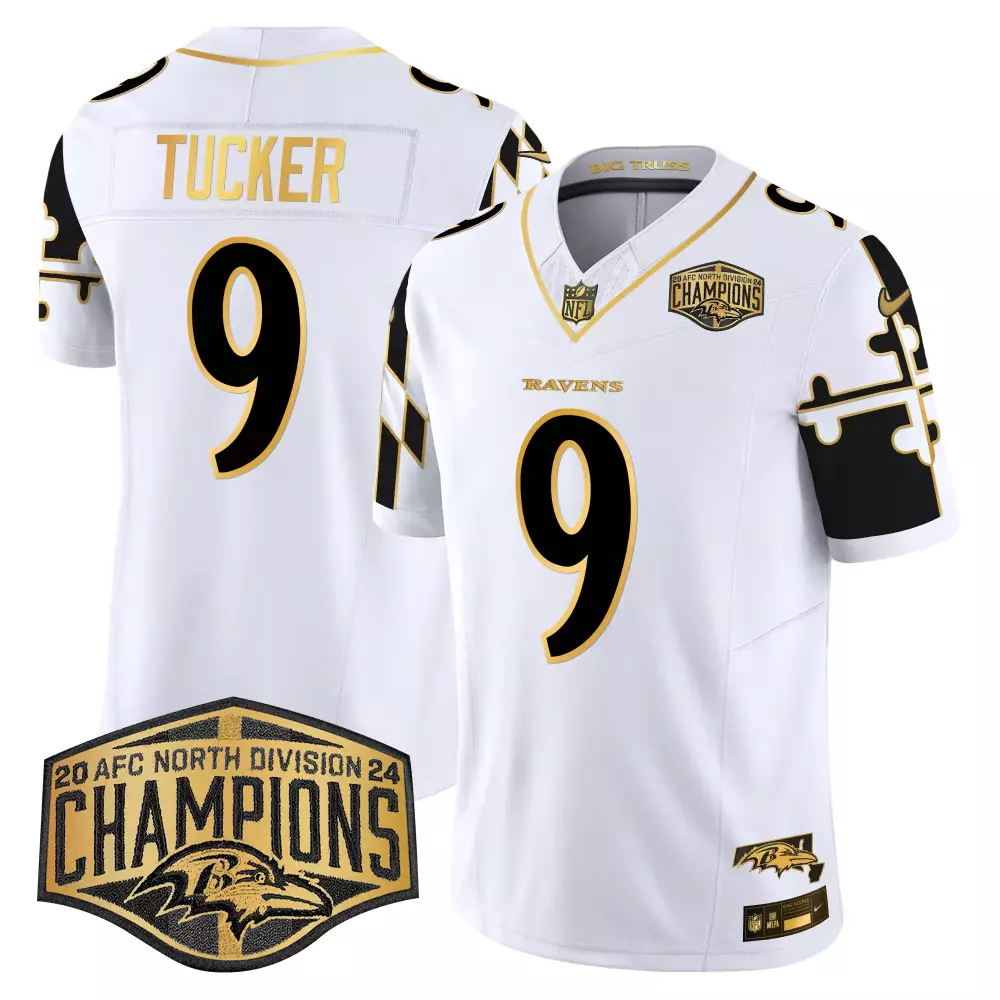Justin Tucker Men's Baltimore Ravens White Gold Jersey | 2023 AFC North Champions Patch | Stitched Fan Gear | For Men, Women & Youth