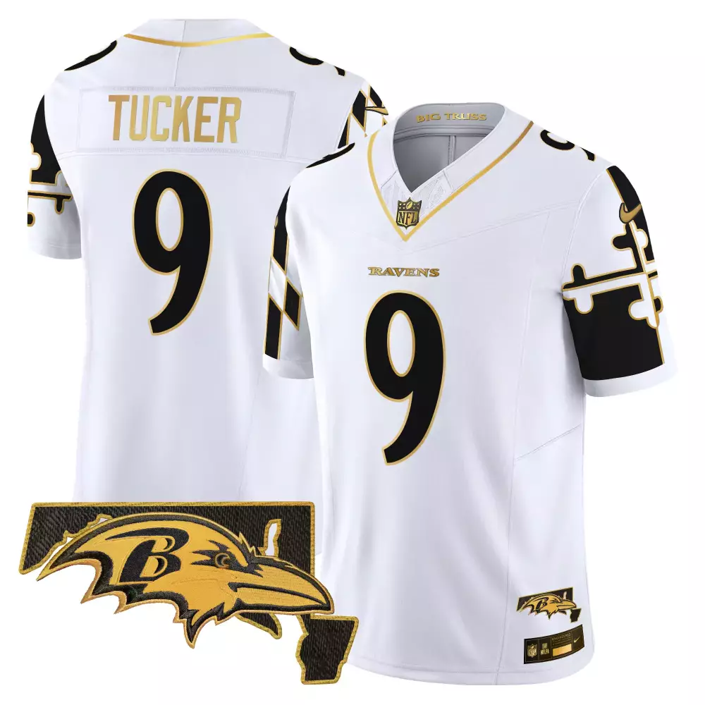 Justin Tucker Men's Baltimore Ravens White Gold Jersey | Maryland Patch | Gold Vapor Limited Edition | For Men, Women & Youth