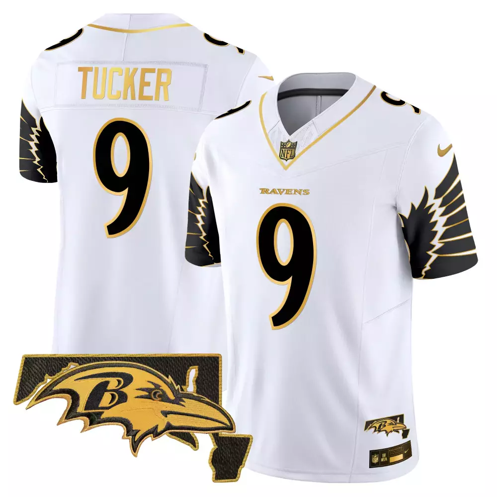 Justin Tucker Men's Baltimore Ravens White Gold Jersey | Maryland Patch | Gold Vapor Limited Edition | For Men, Women & Youth