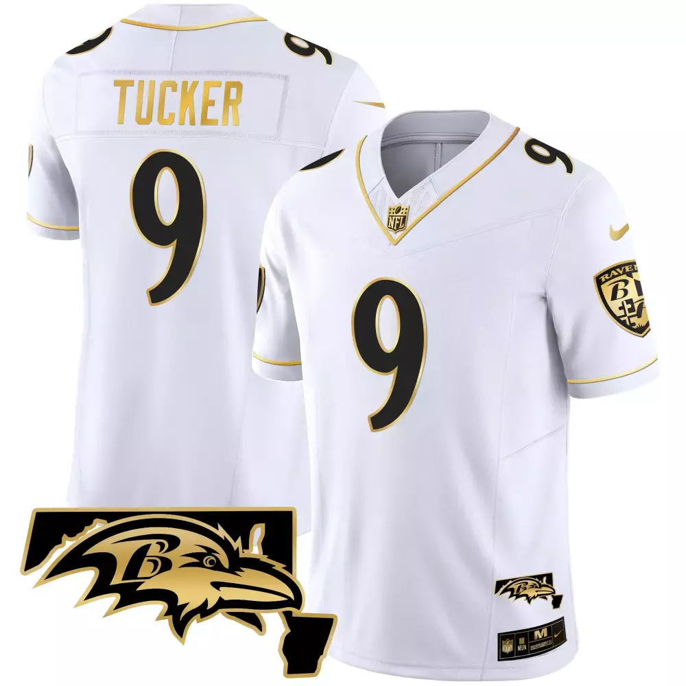 Justin Tucker Women's Baltimore Ravens White Gold Jersey | Maryland 2024 AFC North Champions Patch | Gold Vapor Limited | For Men, Women & Youth