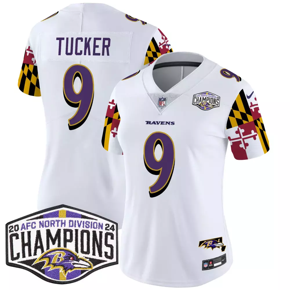 Women's Justin Tucker Baltimore Ravens Maryland Flag 2024 AFC North Champions Patch Vapor Limited Jersey | Stitched White Fan Gear | For Men, Women & Youth