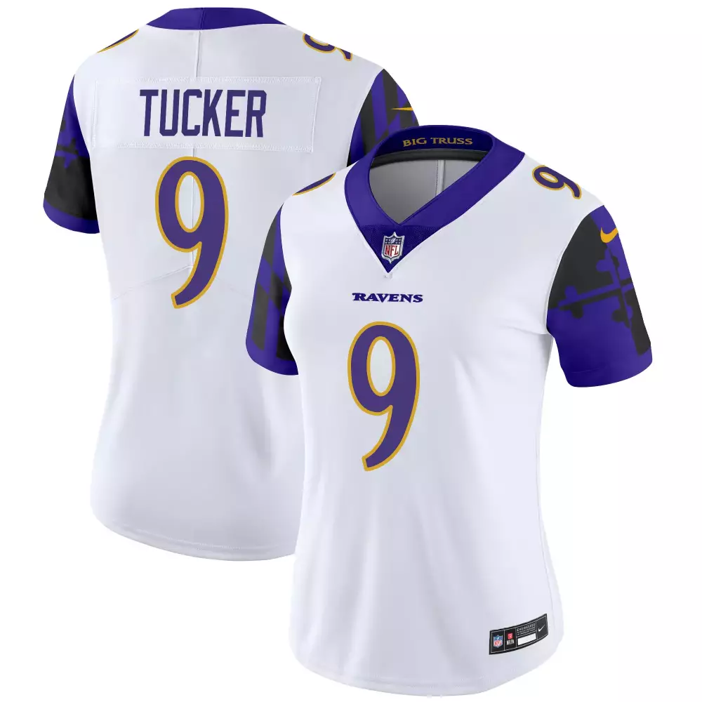 Women's Justin Tucker Baltimore Ravens Maryland Flag 2024 AFC North Champions Patch Vapor Limited Jersey | Stitched White Fan Gear | For Men, Women & Youth