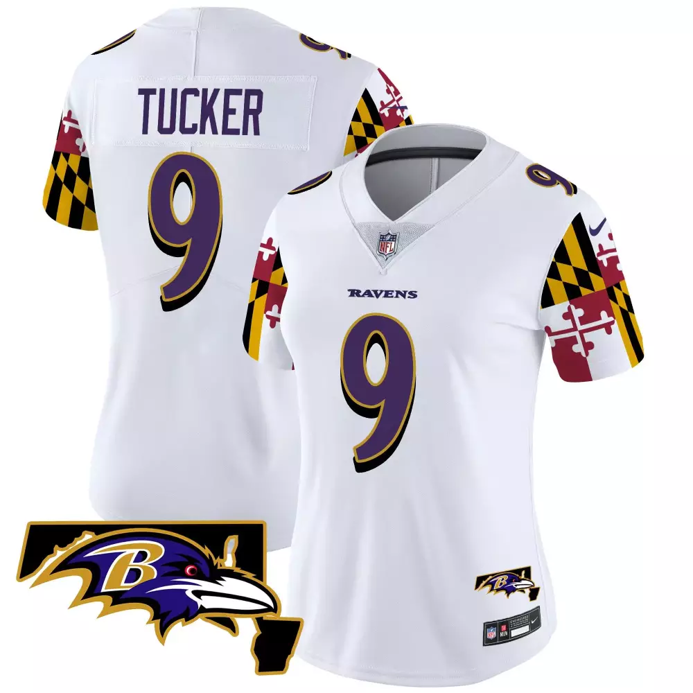 Women's Justin Tucker Baltimore Ravens Maryland Flag 2024 AFC North Champions Patch Vapor Limited Jersey | Stitched White Fan Gear | For Men, Women & Youth