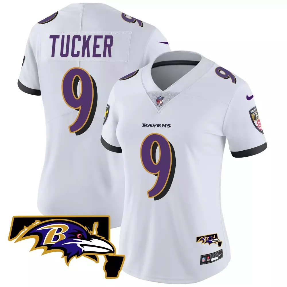 Women's Justin Tucker Baltimore Ravens Maryland Flag 2024 AFC North Champions Patch Vapor Limited Jersey | Stitched White Fan Gear | For Men, Women & Youth