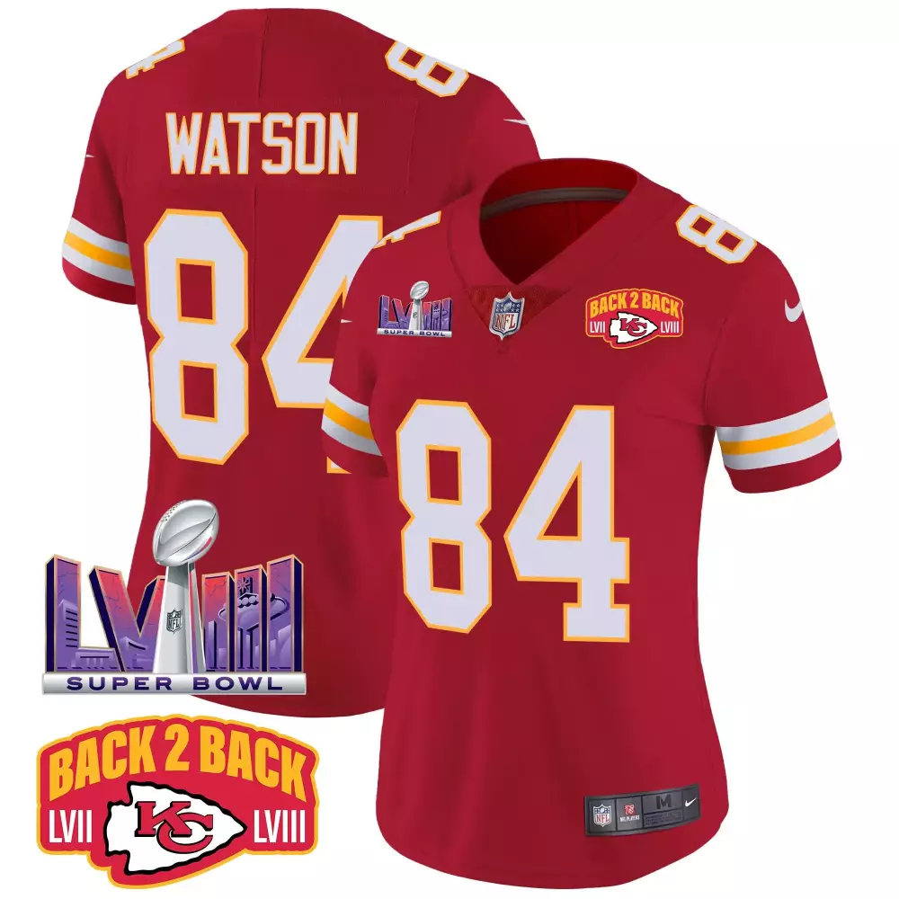 justin watson red womens kansas city chiefs super bowl lviii back 2 back gold patch vapor jersey all stitched