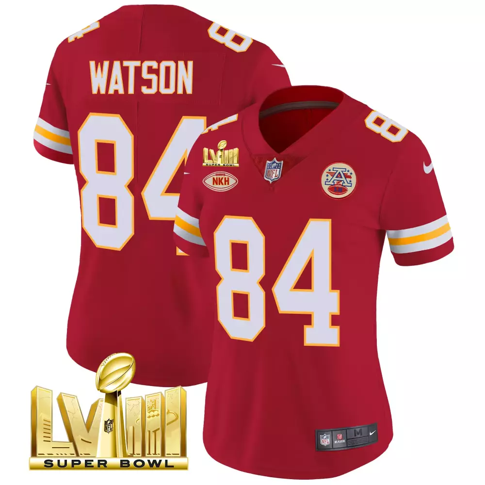 justin watson red womens kansas city chiefs super bowl lviii back 2 back gold patch vapor jersey all stitched