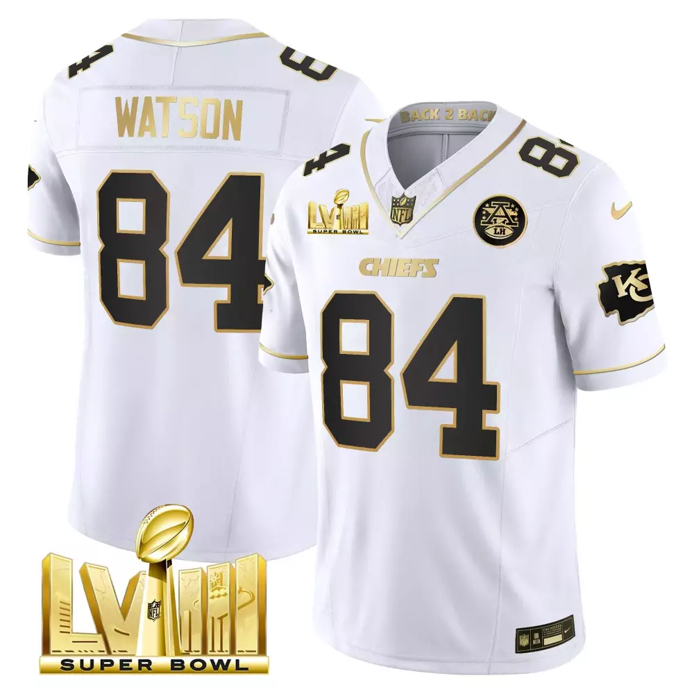 justin watson white gold mens kansas city chiefs super bowl lviii back 2 back gold patch vapor jersey v5 all stitched