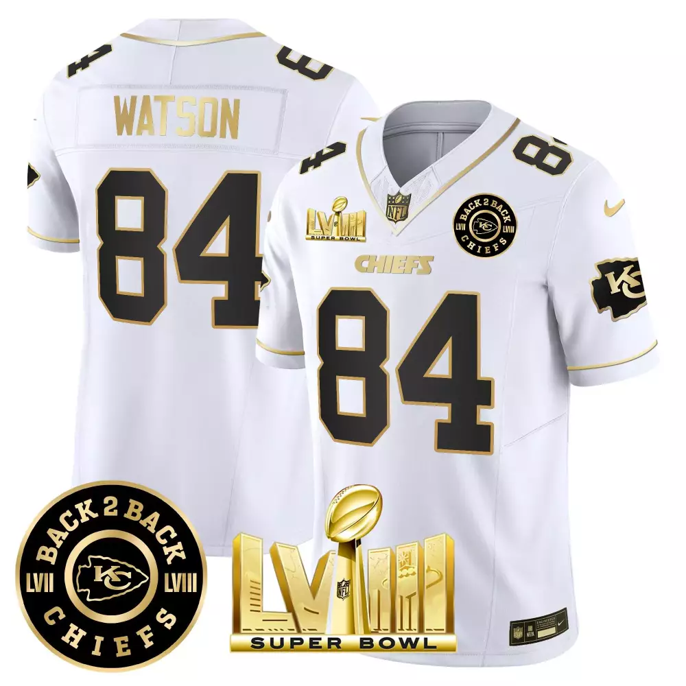 justin watson white gold mens kansas city chiefs super bowl lviii back 2 back gold patch vapor jersey v5 all stitched