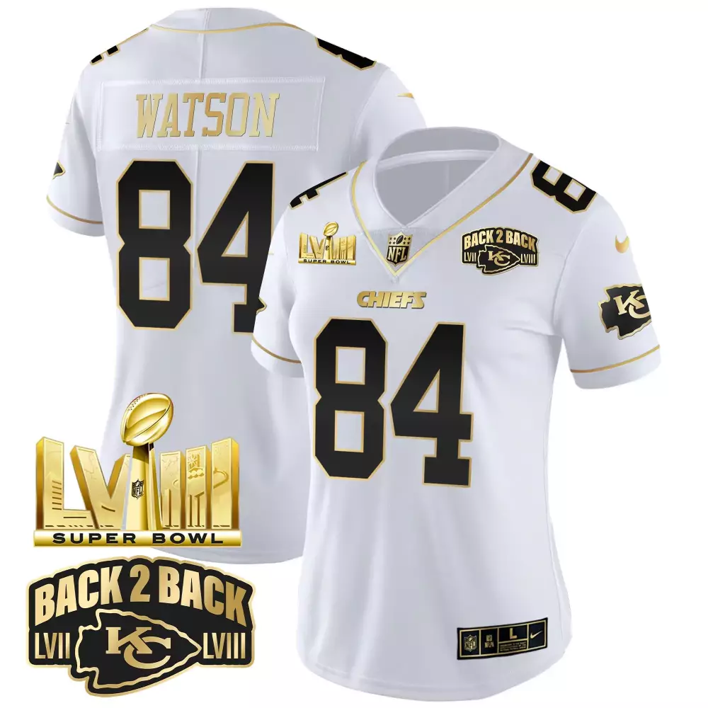 justin watson white gold womens kansas city chiefs super bowl lviii back 2 back gold patch vapor jersey v2 all stitched