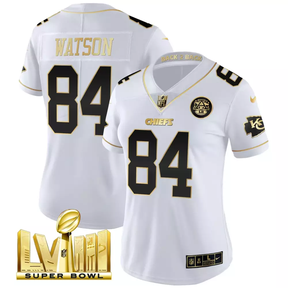 justin watson white gold womens kansas city chiefs super bowl lviii back 2 back gold patch vapor jersey v2 all stitched