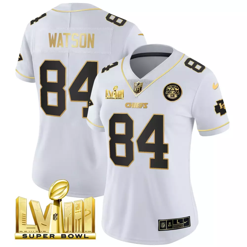 justin watson white gold womens kansas city chiefs super bowl lviii back 2 back gold patch vapor jersey v2 all stitched