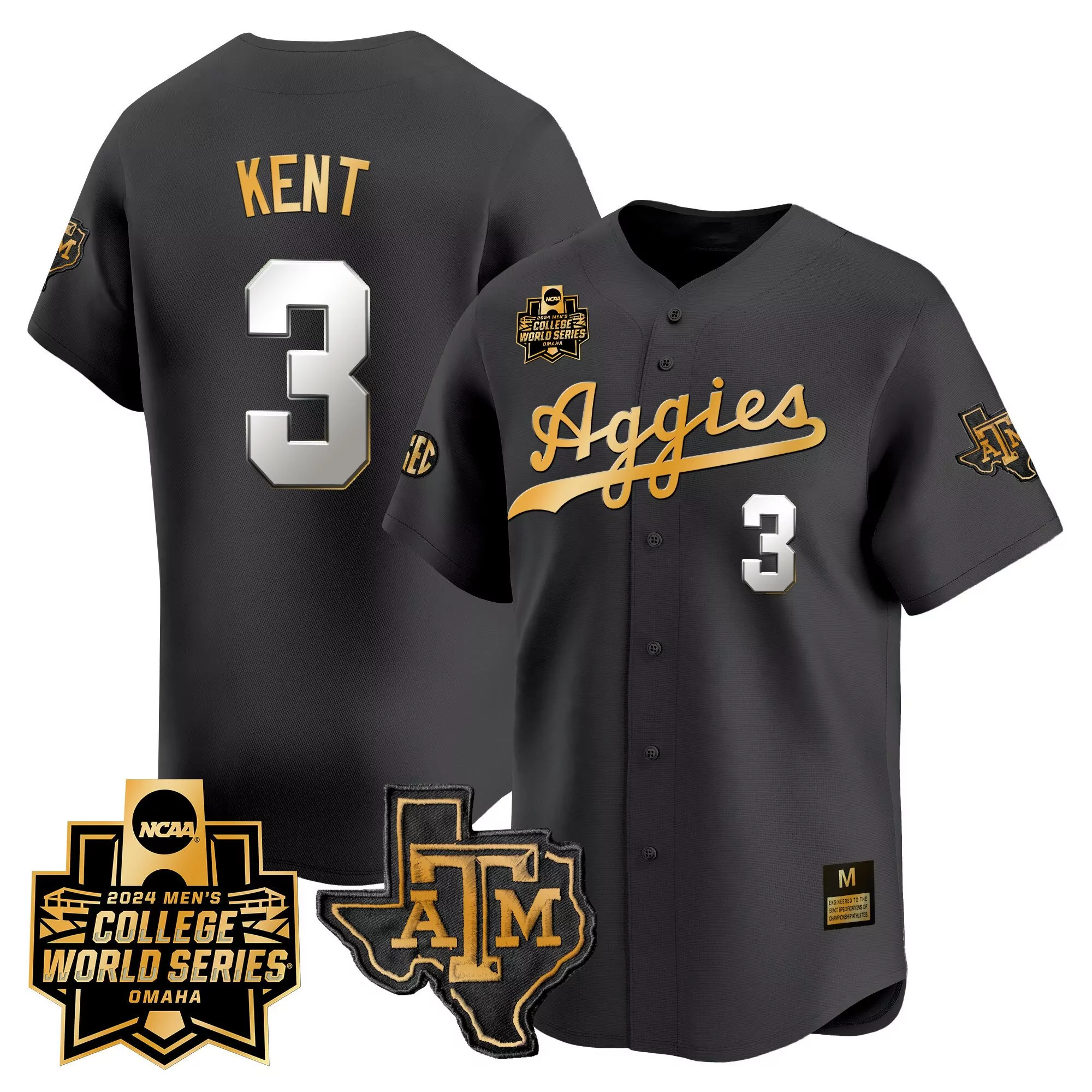 kaeden kent black gold mens texas am aggies 2024 college world series vapor premier limited jersey all stitched