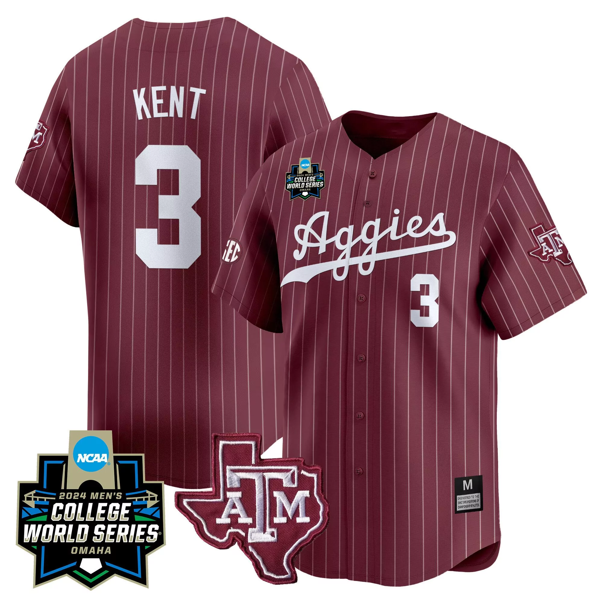 kaeden kent maroon pinstripe mens texas am aggies 2024 college world series vapor premier limited jersey all stitched