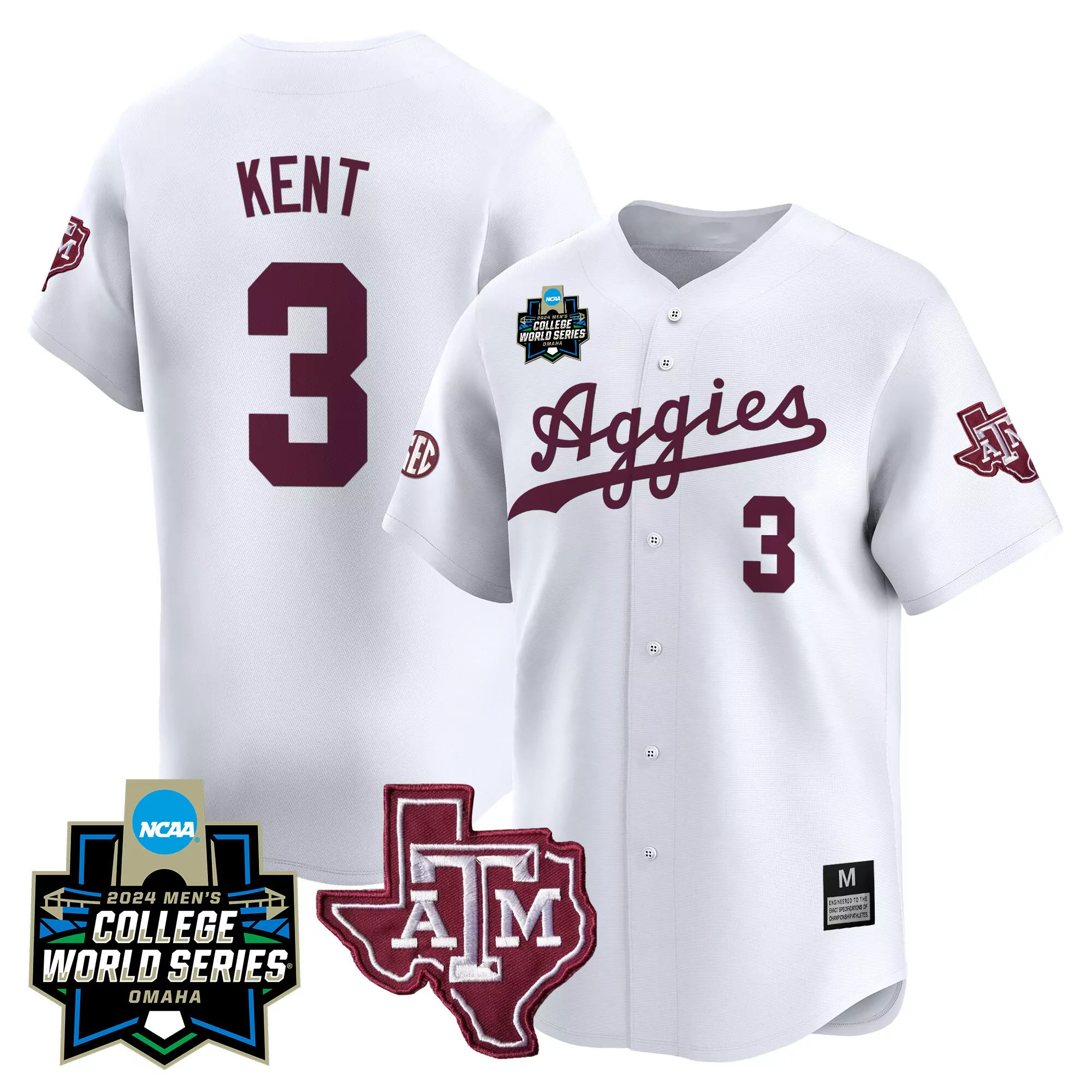 kaeden kent white mens texas am aggies 2024 college world series vapor premier limited jersey all stitched