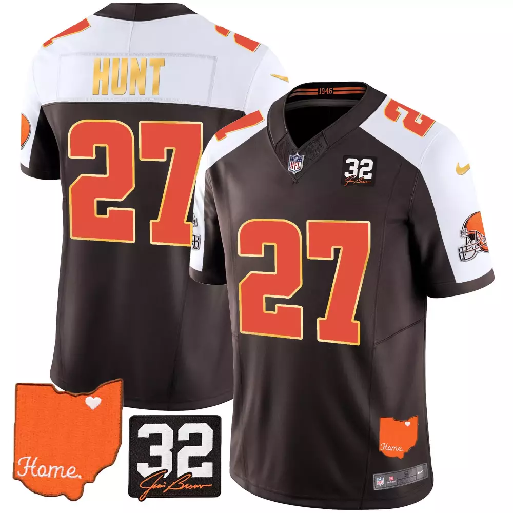 kareem hunt alternate mens cleveland browns 32 jim brown memorial home patch gold trim jersey all stitched