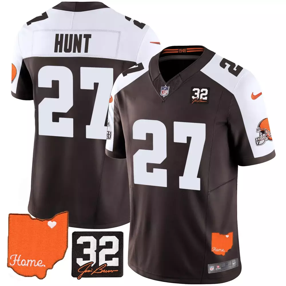 kareem hunt alternate mens cleveland browns 32 jim brown memorial home patch gold trim jersey all stitched