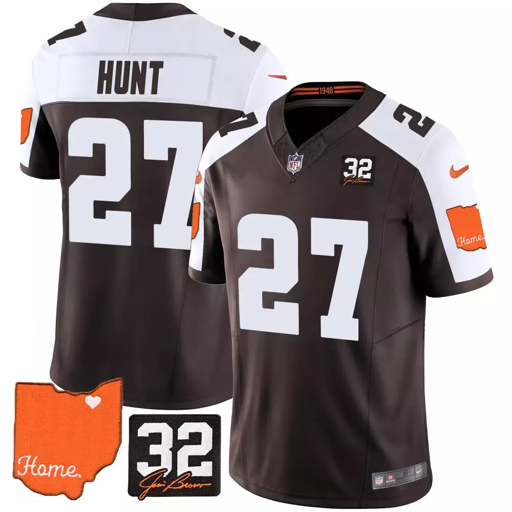 kareem hunt alternate mens cleveland browns 32 jim brown memorial home patch gold trim jersey all stitched