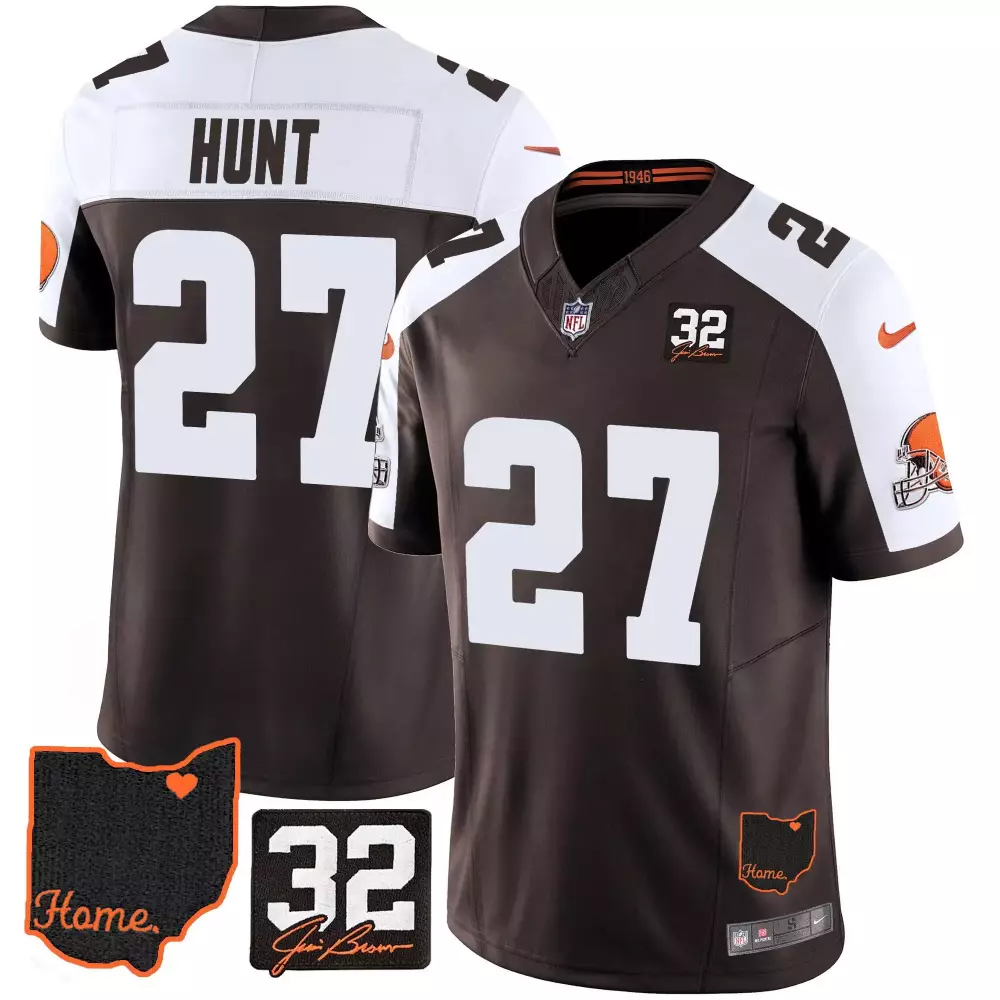 kareem hunt alternate mens cleveland browns 32 jim brown memorial home patch gold trim jersey all stitched