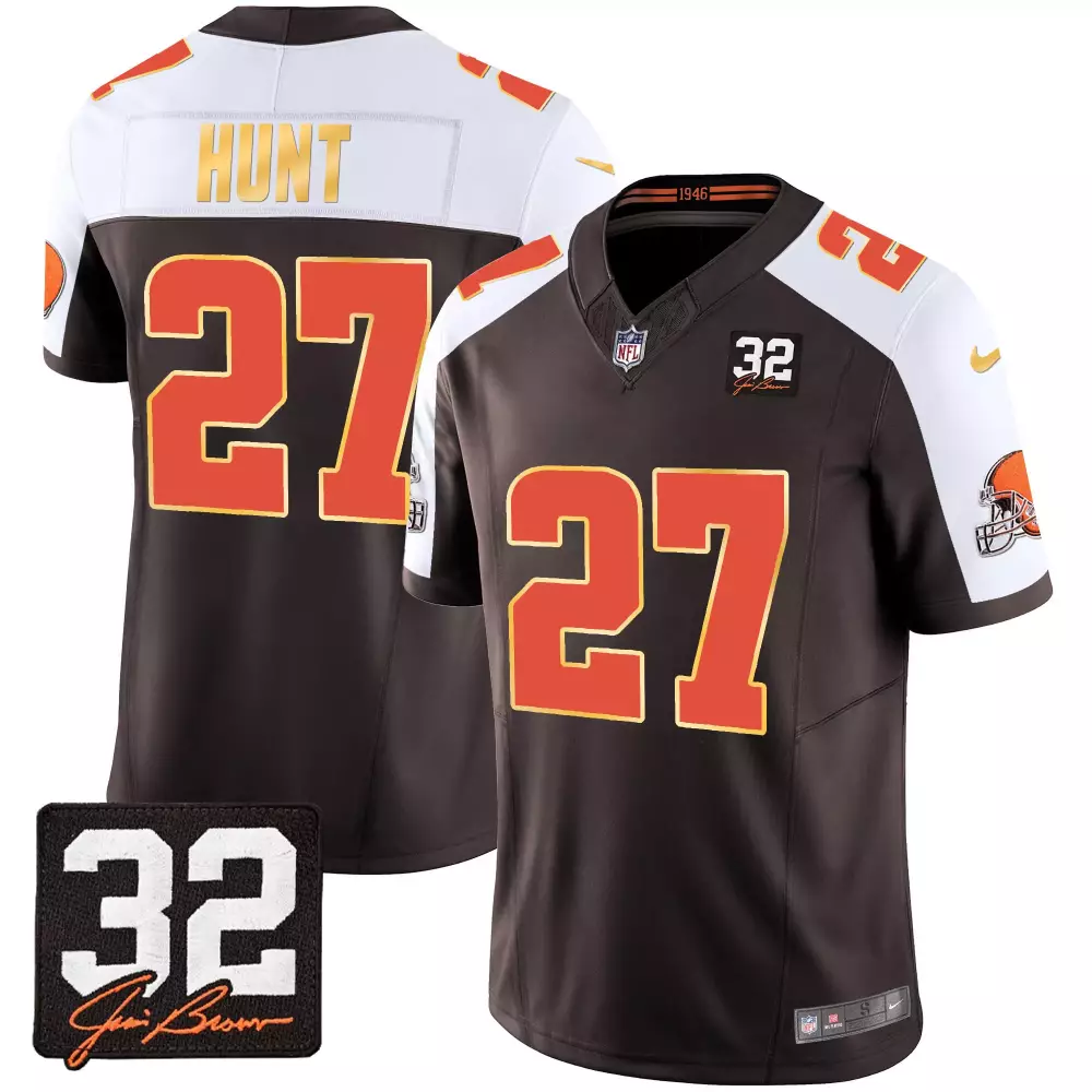 kareem hunt alternate mens cleveland browns 32 jim brown memorial home patch gold trim jersey all stitched